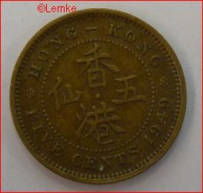 Hongkong 5 cent 1949 voor